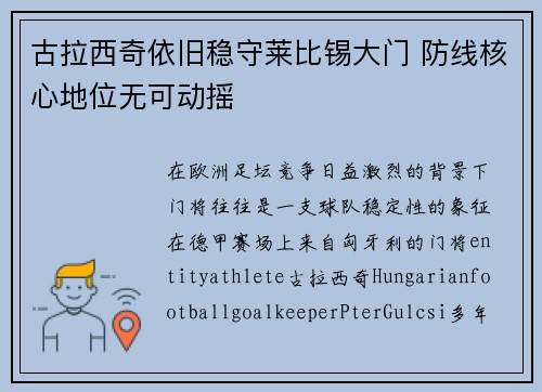 古拉西奇依旧稳守莱比锡大门 防线核心地位无可动摇 古拉西奇依旧稳守莱比锡大门 防线核心地位无可动摇