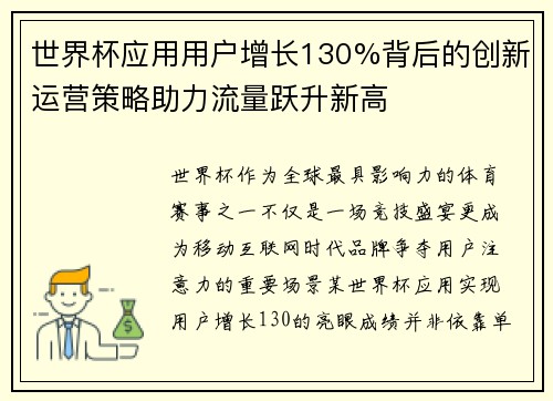 世界杯应用用户增长130%背后的创新运营策略助力流量跃升新高